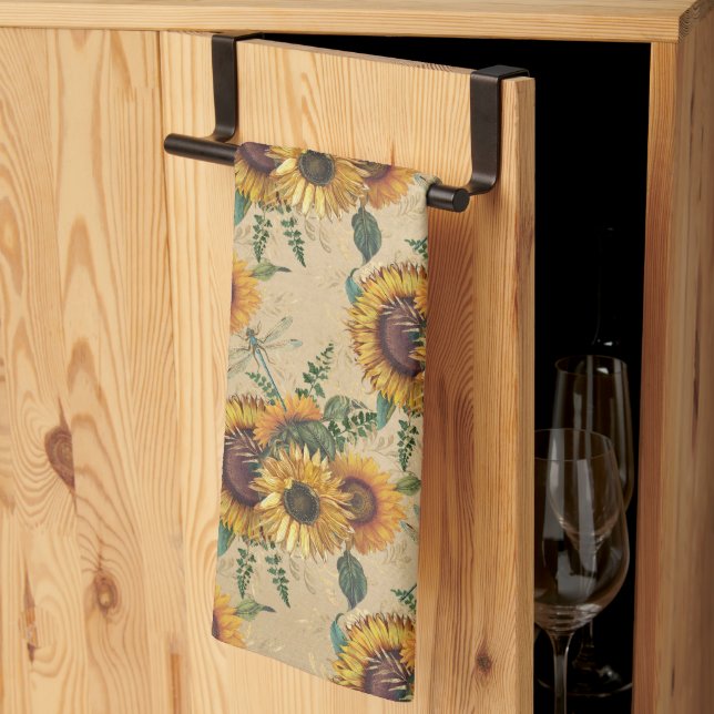 Retro Yellow Sunflowers Bouquet Dragonflies Tea Towel (Thirds Fold)