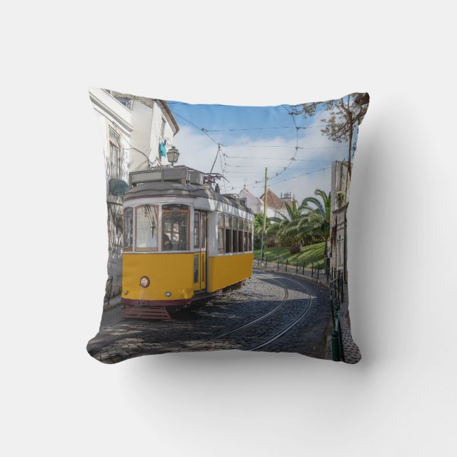 Retro yellow tram on street in Lisbon, Portugal Cushion (Front)