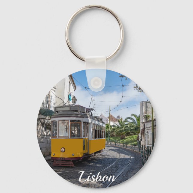 Retro yellow tram on street in Lisbon, Portugal Key Ring (Front)