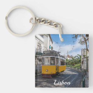 Retro yellow tram on street in Lisbon, Portugal Key Ring