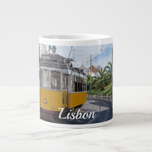 Retro yellow tram on street in Lisbon, Portugal Large Coffee Mug
