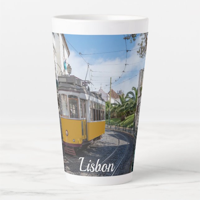 Retro yellow tram on street in Lisbon, Portugal Latte Mug (Front)