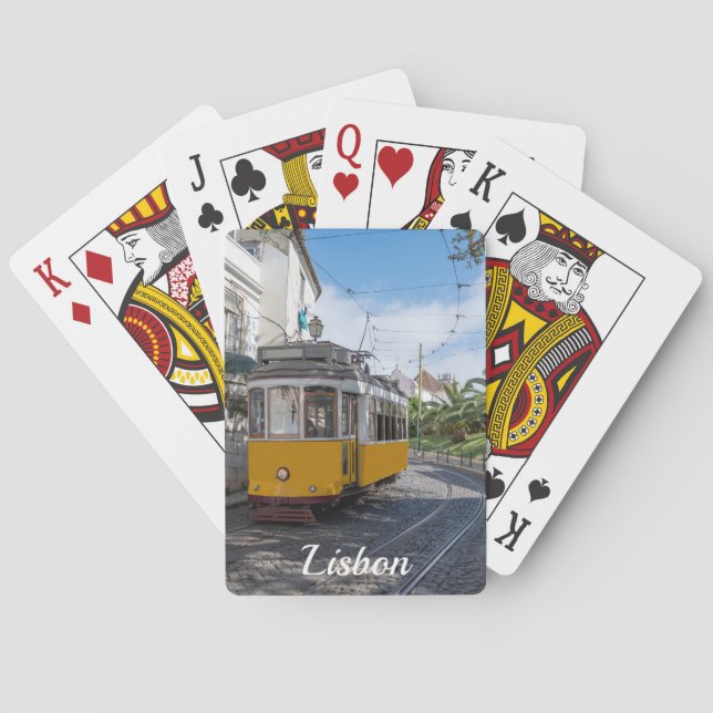 Retro yellow tram on street in Lisbon, Portugal Playing Cards (Back)