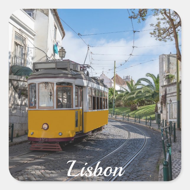 Retro yellow tram on street in Lisbon, Portugal Square Sticker (Front)