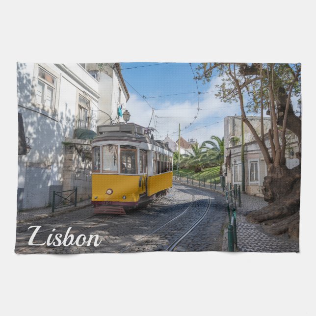 Retro yellow tram on street in Lisbon, Portugal Tea Towel (Horizontal)
