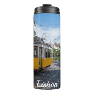 Retro yellow tram on street in Lisbon, Portugal Thermal Tumbler