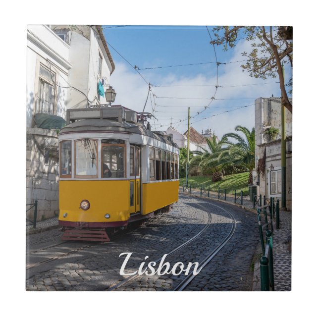 Retro yellow tram on street in Lisbon, Portugal Tile (Front)