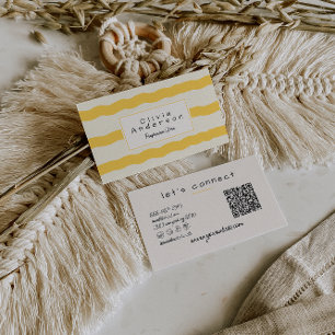 Retro Yellow Wavy Stripes Trendy Boho QR Code Fun Business Card