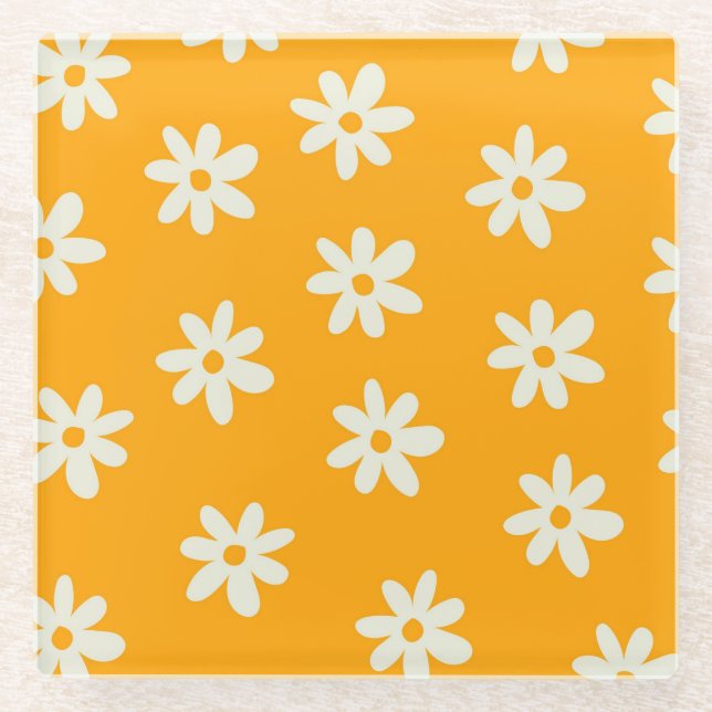 Retro Yellow White Floral Simple Flower Pattern Glass Coaster (Front)