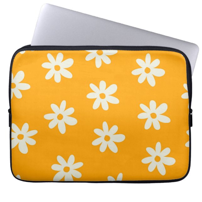 Retro Yellow White Floral Simple Flower Pattern Laptop Sleeve (Front)