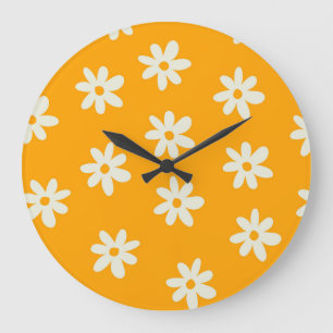 Retro Yellow White Floral Simple Flower Pattern Large Clock