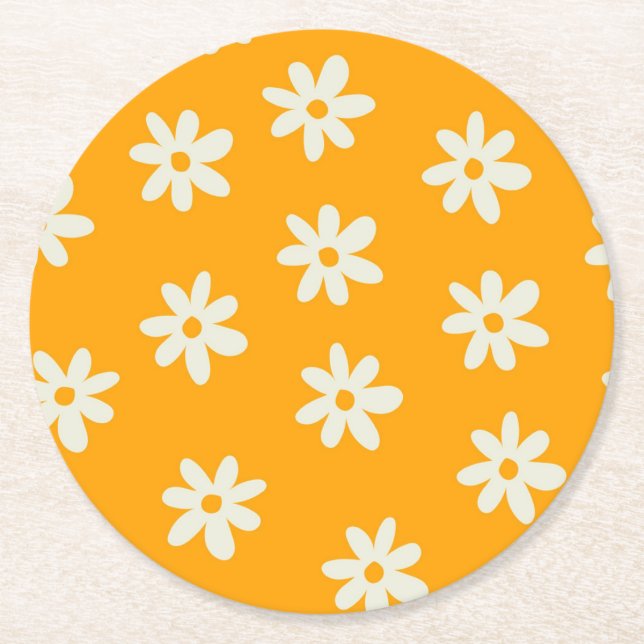 Retro Yellow White Floral Simple Flower Pattern Round Paper Coaster (Front)