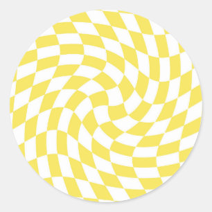 Retro Yellow White Warped Checks Chequered Classic Round Sticker