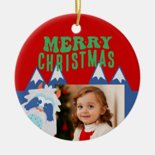 Retro Yeti Whimsical Kids Christmas Photo Ceramic Tree Decoration