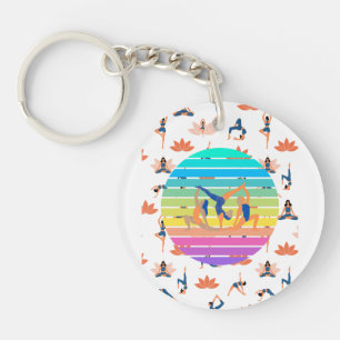 Retro Yoga in Vibrant Flow of Harmonious Colours Key Ring
