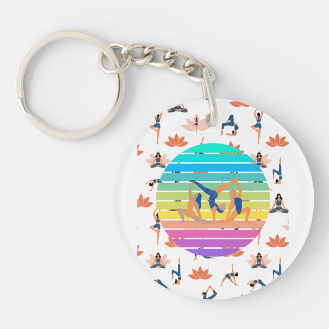 Retro Yoga in Vibrant Flow of Harmonious Colours Key Ring (Front)
