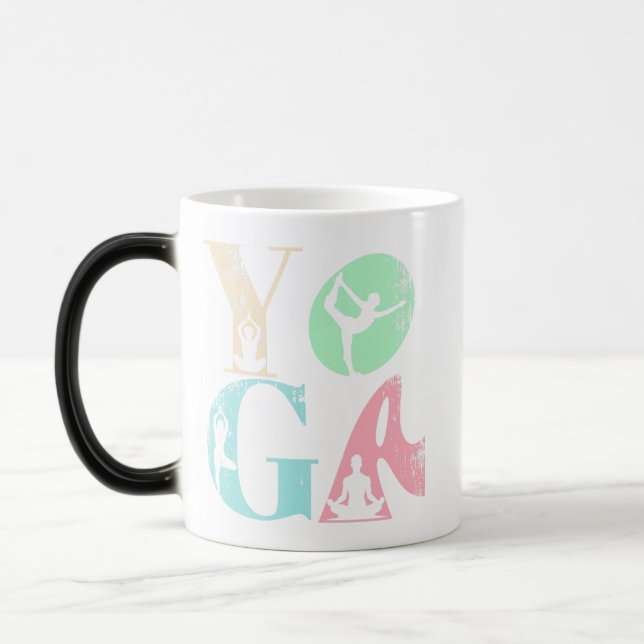 Retro Yoga Typography with Silhouettes of Poses  Magic Mug (Left)