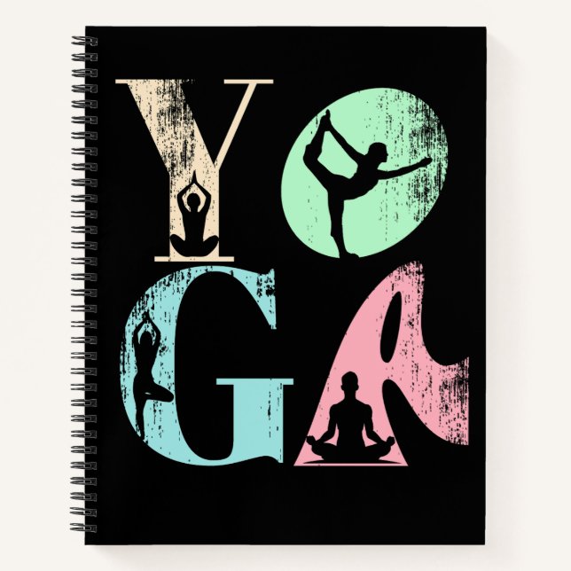 Retro Yoga Typography with Silhouettes of Poses  Notebook (Front)