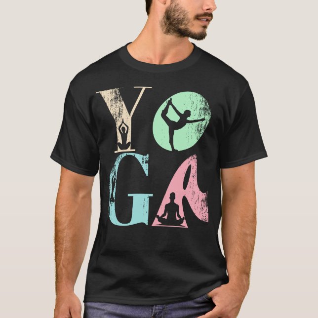 Retro Yoga Typography with Silhouettes of Poses  T-Shirt (Front)