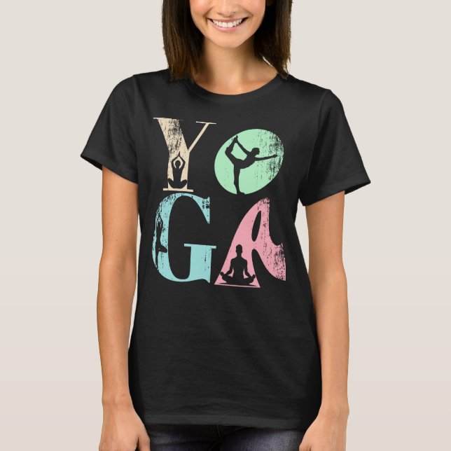 Retro Yoga Typography with Silhouettes of Poses  T-Shirt (Front)