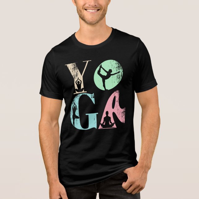 Retro Yoga Typography with Silhouettes of Poses  Tri-Blend Shirt (Front)