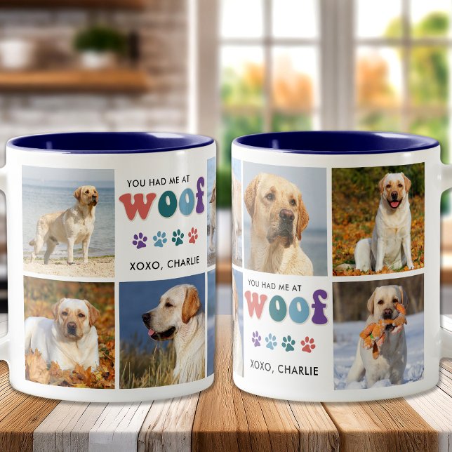 Retro You Had Me WOOF Custom 8 Photo Collage Dog Two-Tone Coffee Mug (Creator Uploaded)