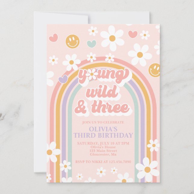 Retro Young Wild and Three Birthday Invitation (Front)