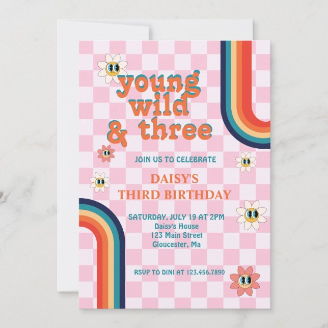 Retro Young Wild and Three Birthday Invitation (Front)