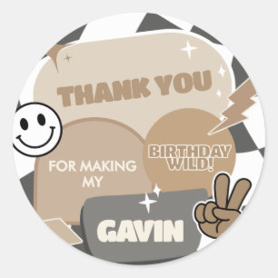 Retro Young Wild and Three Birthday Party  Classic Round Sticker