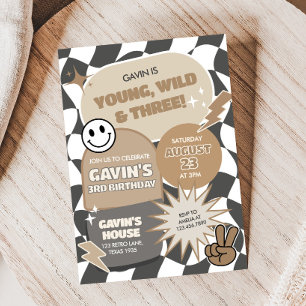 Retro Young Wild and Three Birthday Party Invitation