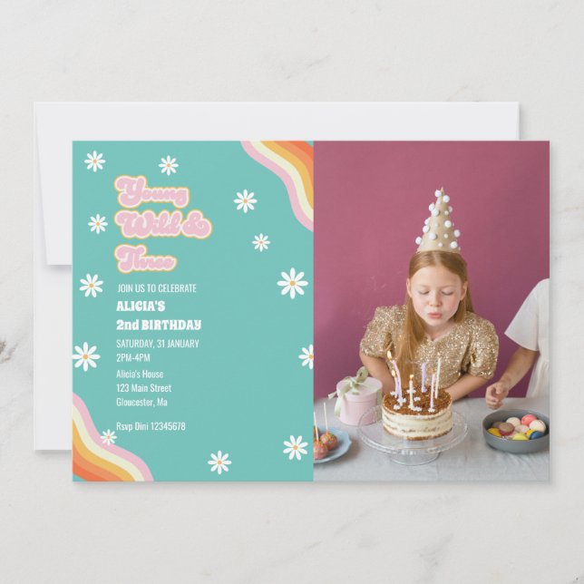 Retro Young Wild and Three Birthday Photo Invitation (Front)