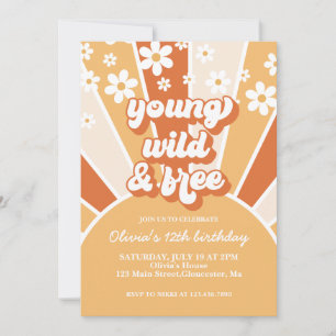 Retro Young Wild Free Burnt Orange Sunshine daisy Invitation
