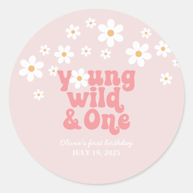 Retro Young Wild One Daisy floral 1st birthday Classic Round Sticker (Front)