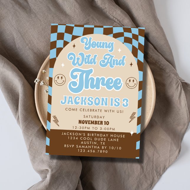 Retro Young Wild & Three Boy 3rd Birthday Party Invitation (Creator Uploaded)