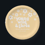Retro Young Wild three Daisy floral 3rd birthday P Paper Plate<br><div class="desc">Young Wild and Three! Retro inspired 3rd birthday party plates with 70's style daisies and boho fonts and colours.</div>