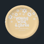 Retro Young Wild three Daisy floral 3rd birthday P Paper Plate<br><div class="desc">Young Wild and Three! Retro inspired 3rd birthday party plates with 70's style daisies and boho fonts and colours.</div>