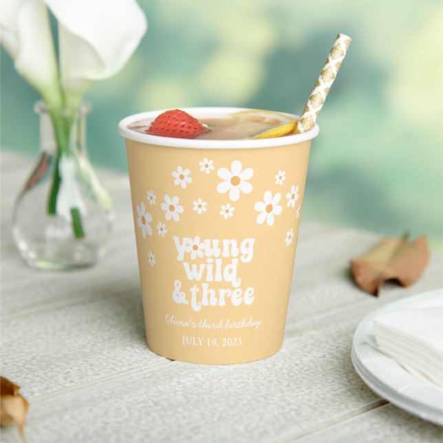 Retro Young Wild three Daisy floral 3rd birthday Paper Cups (Insitu)