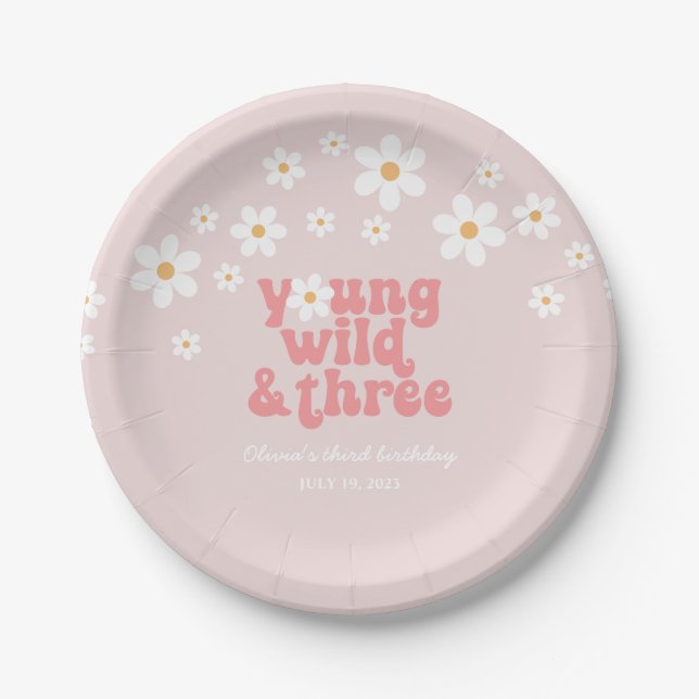 Retro Young Wild three Daisy floral 3rd birthday Paper Plate (Front)