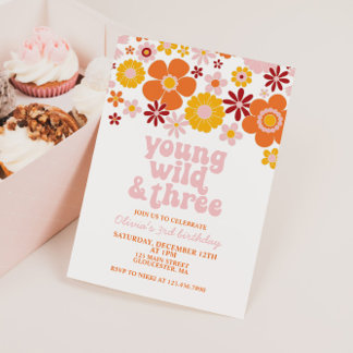Retro Young Wild Three Floral 3rd Birthday Invitation