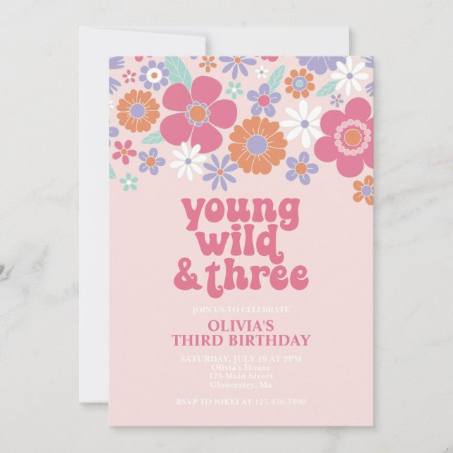 Retro Young Wild Three Pink Floral Invitation (Front)