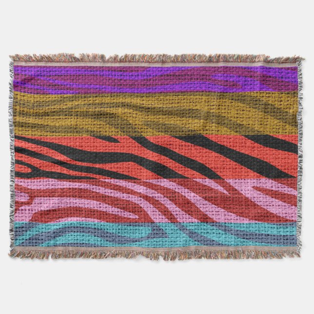 Retro Zebra Skin Print Pattern Burlap Rustic Throw Blanket (Front)