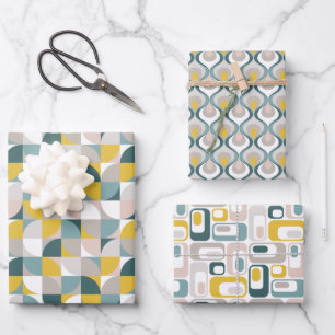 RetroMod Patterns Aqua Teal Blue Blush Pink Yellow Wrapping Paper Sheet