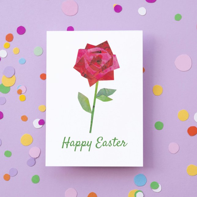 Retrop Spring Rose Floral Traditional Easter Holiday Card (This traditional Easter card features my own hand-crafted collage art of a pink and red rose.)
