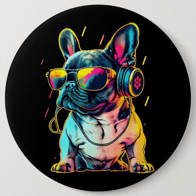 Retrowave French Bulldog with Headphones and Sungl 6 Cm Round Badge (Front)