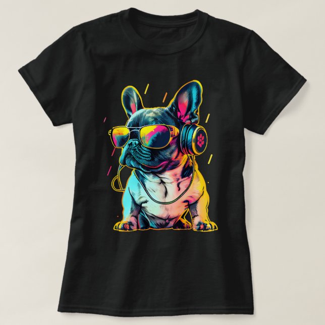 Retrowave French Bulldog with Headphones and Sungl T-Shirt (Design Front)