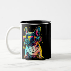 Retrowave French Bulldog with Headphones and Sungl Two-Tone Coffee Mug