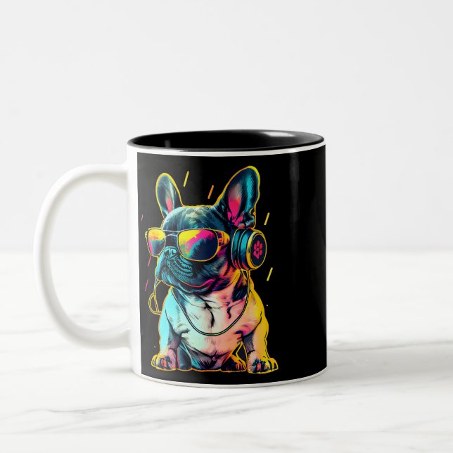 Retrowave French Bulldog with Headphones and Sungl Two-Tone Coffee Mug (Left)
