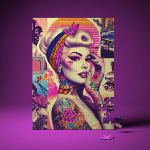 Retrowave Tattoo Pin-up Collage Jigsaw Puzzle