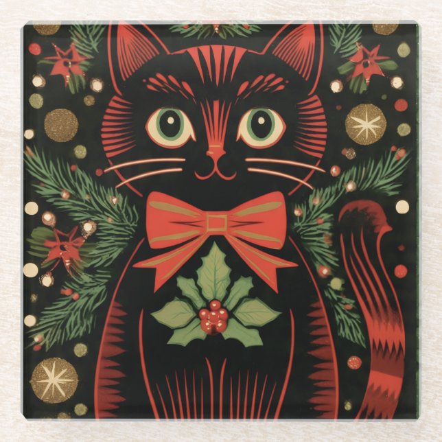 RetroXmasCat  Glass Coaster (Front)