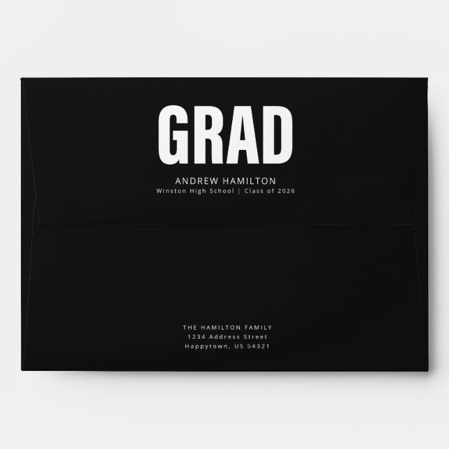 Return Address Black and White Script Graduation Envelope (Back (Top Flap))